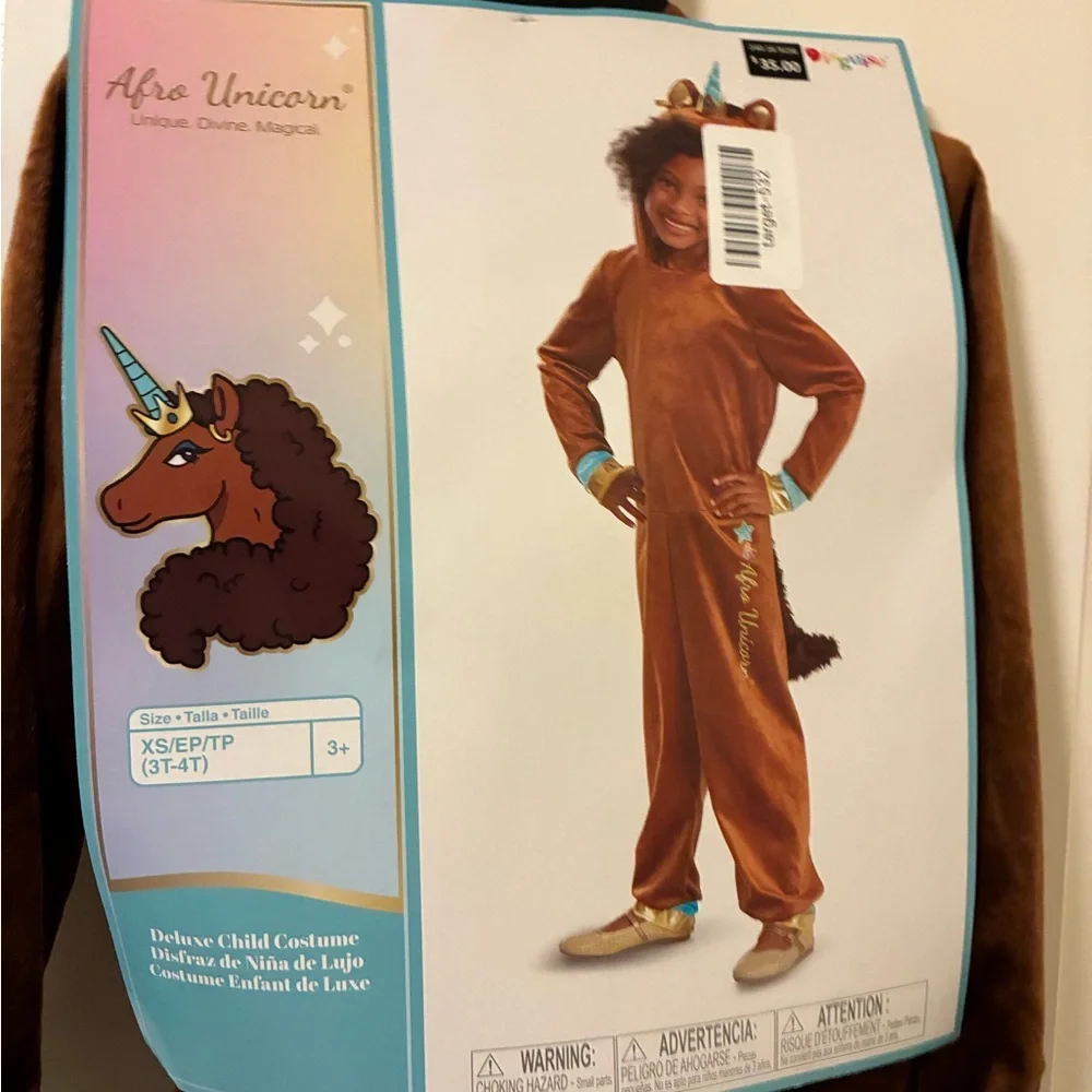 NWT Afro Brown Unicorn Costume with Gold and Blue Accents Halloween